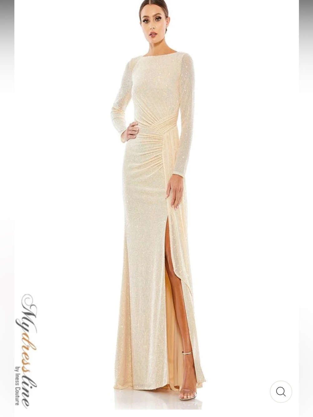 Mac Duggal Ivory Long-Sleeve Sequin Evening Gown with Side Slit